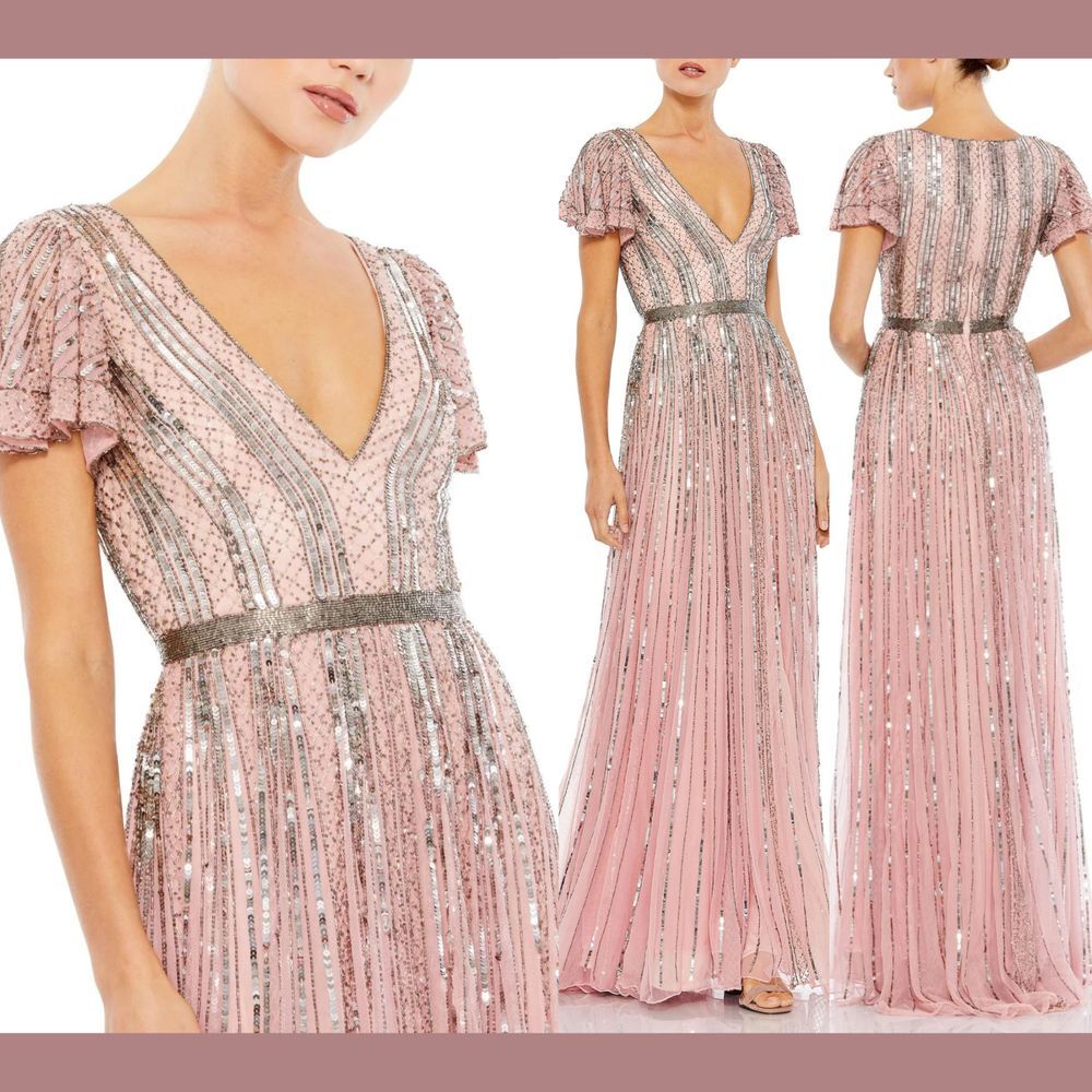 NWT‎ $498 Mac Duggal [ 10 ] Striped Sequined V-Neck A Line Gown Pink #G1744